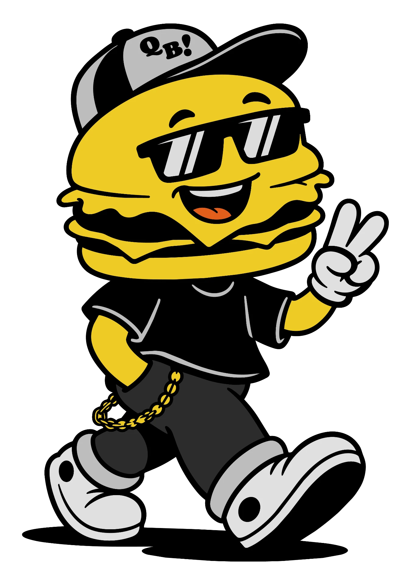 Mascote da Quero Burger, um hambúrguer de óculos escuros e boné QB!